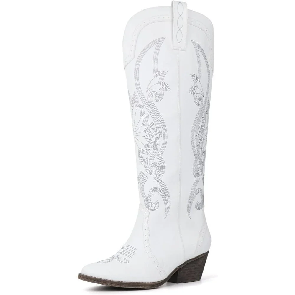 Women's White Faux Leather Pointed Toe and Block Heel Classic Embroidered Boot